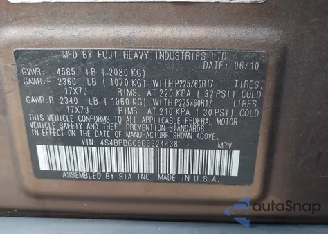 2011 Subaru Outback 2.5I Premium из США, поврежденный, VIN 4S4BRBGC5B3324438